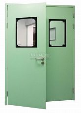 Двухстворчатая огнестойкая дверь EIW 60 зеленая со стеклом